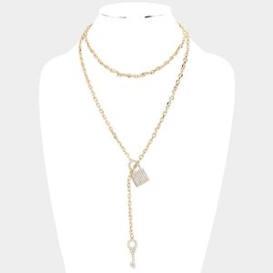 Gold Rhinestone Lock & Key Pendant Toggle Necklace Chain Crystal Link Statement
